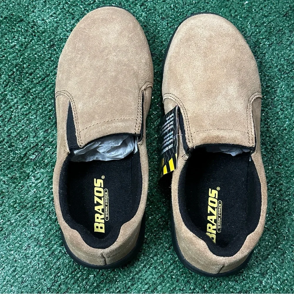 Brazos Men's Size 7.5D Tan/Brown Suede Slip On Steel Toe Shoes